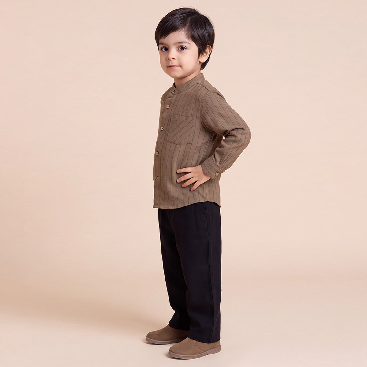 Boys Brown Mandarin Collar Striped Shirt & Elasticated Trouser Set