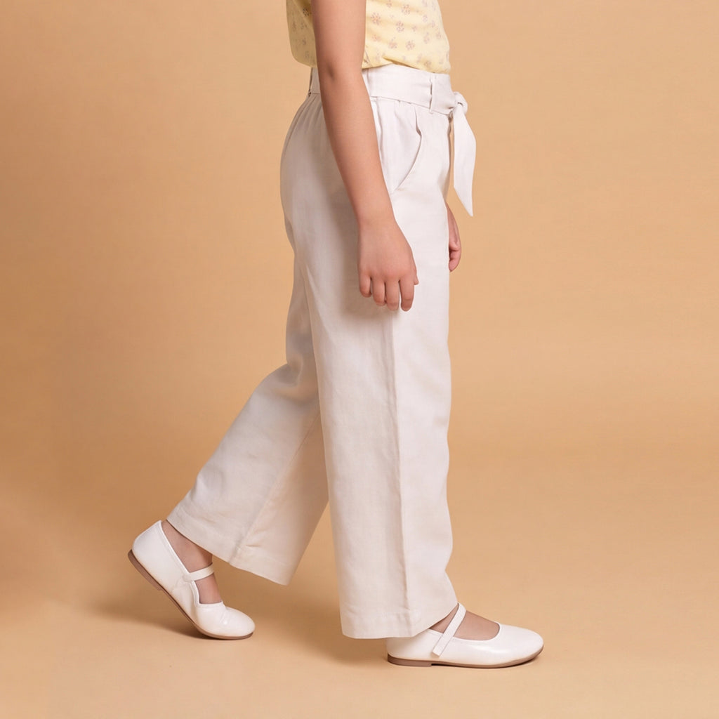 Girls White Elasticated Trouser With Fabric Belt