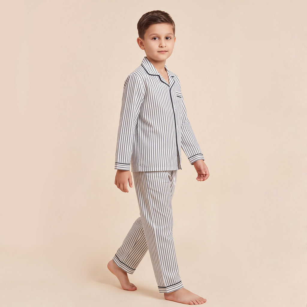 Boys White Striped Pajama Set: Long Sleeve Shirt and Elasticated Pants Sleepwear