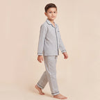 Boys White Striped Pajama Set: Long Sleeve Shirt and Elasticated Pants Sleepwear