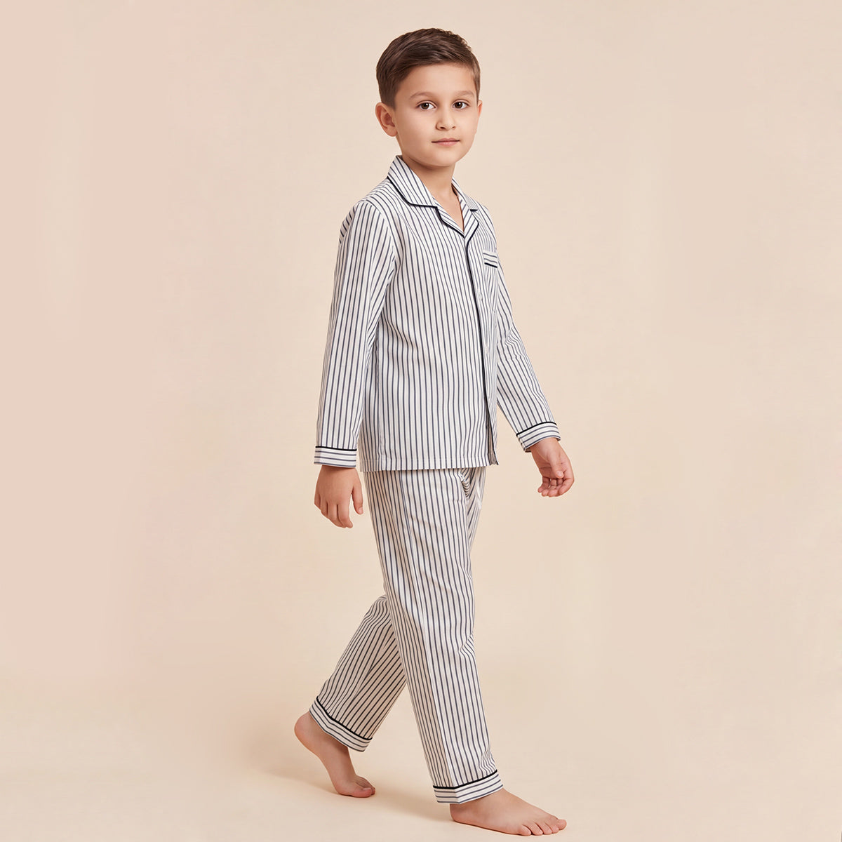 Boys White Striped Pajama Set: Long Sleeve Shirt and Elasticated Pants Sleepwear