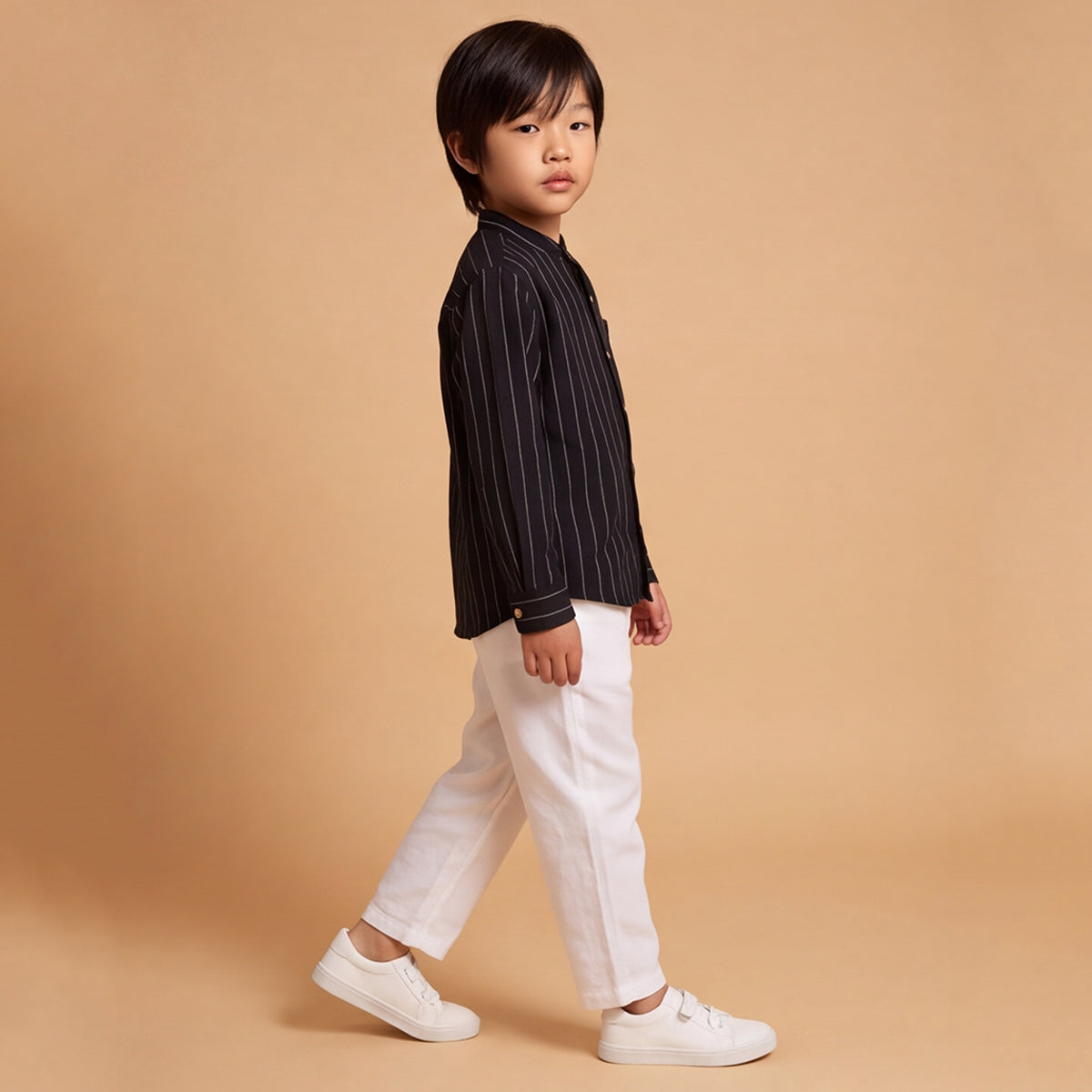 Boys Black Long Sleeve Stripes Shirt With Elasticated Trousers Set