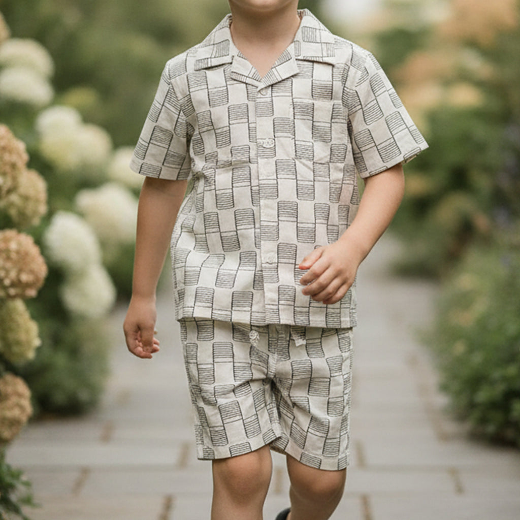 Boys Apricot Short Sleeve Printed Shirt With Drawcord Waist Shorts Sets