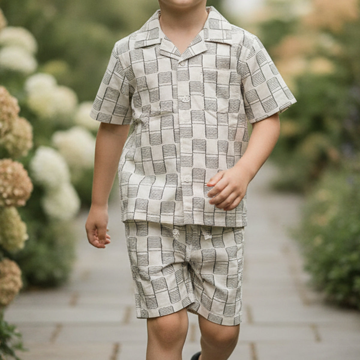 Boys Apricot Short Sleeve Printed Shirt With Drawcord Waist Shorts Sets