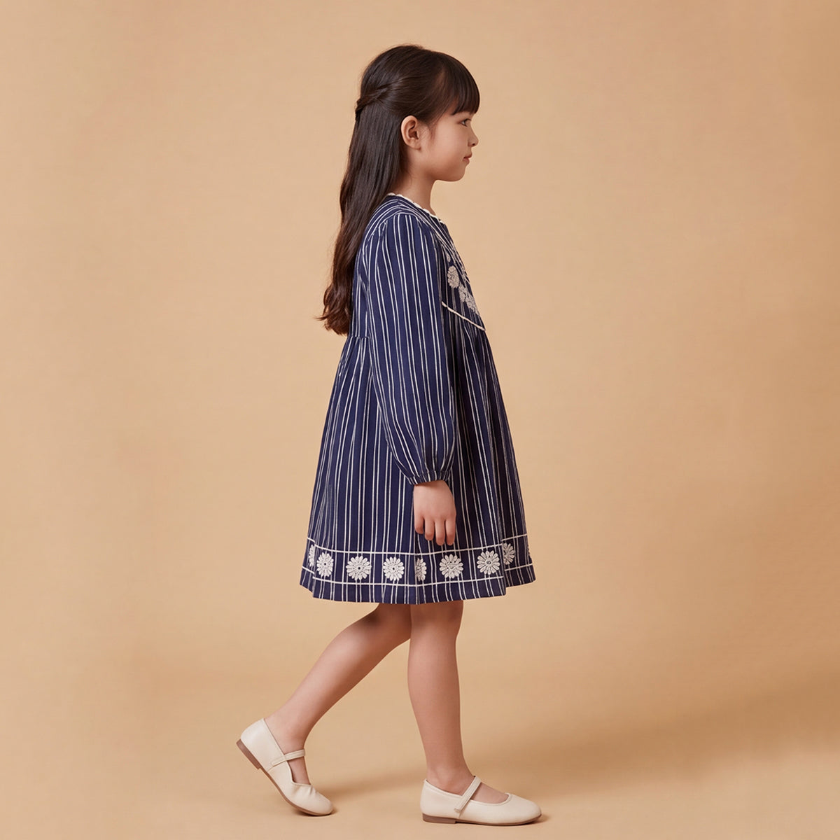 Girls Navy Embroidered Long Sleeve A-Line Dress