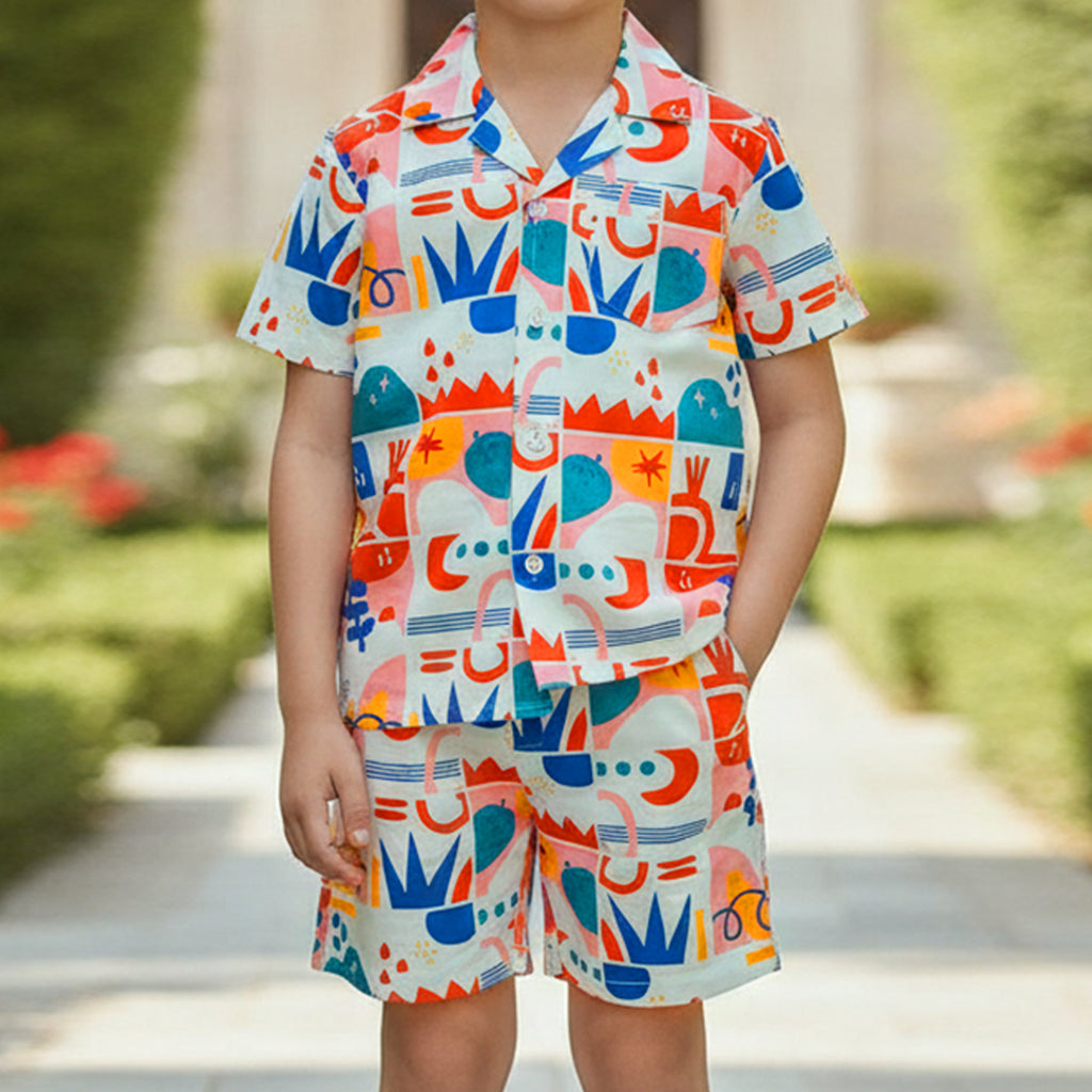 Boys Multicolour Short Sleeve Printed Shirt With Drawcord Waist Shorts Sets