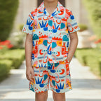 Boys Multicolour Short Sleeve Printed Shirt With Drawcord Waist Shorts Sets