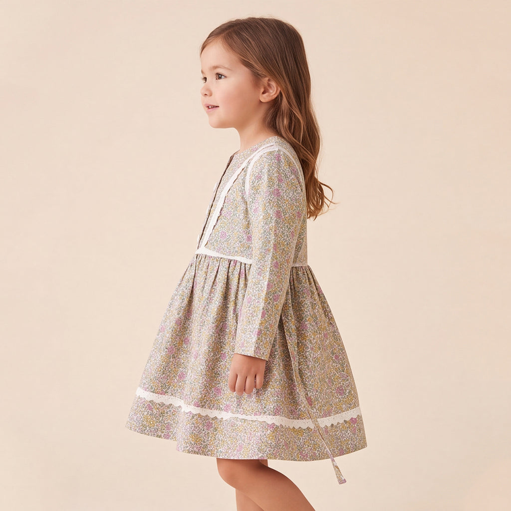 Girls Green Floral printed Long Sleeve Dress