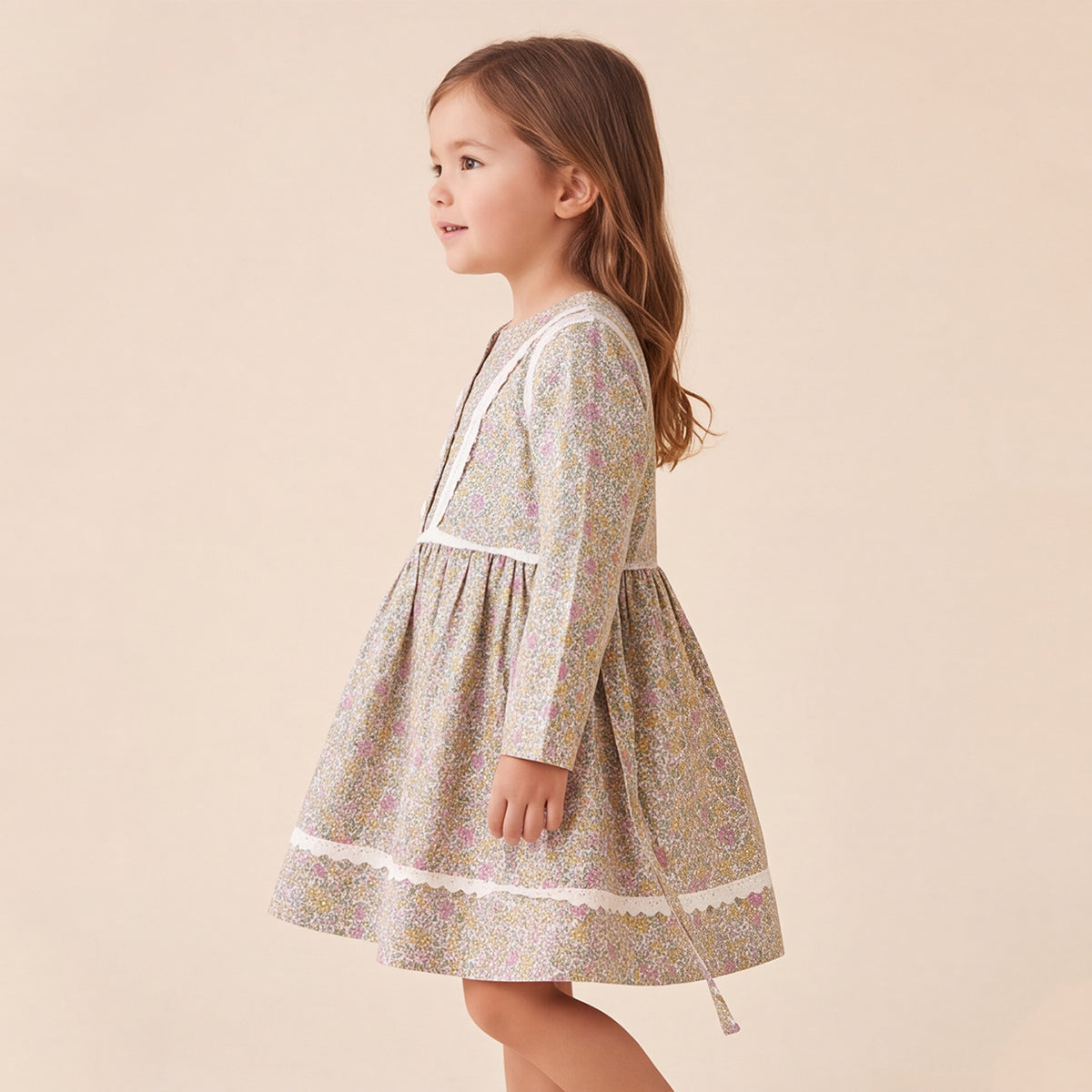 Girls Green Floral printed Long Sleeve Dress