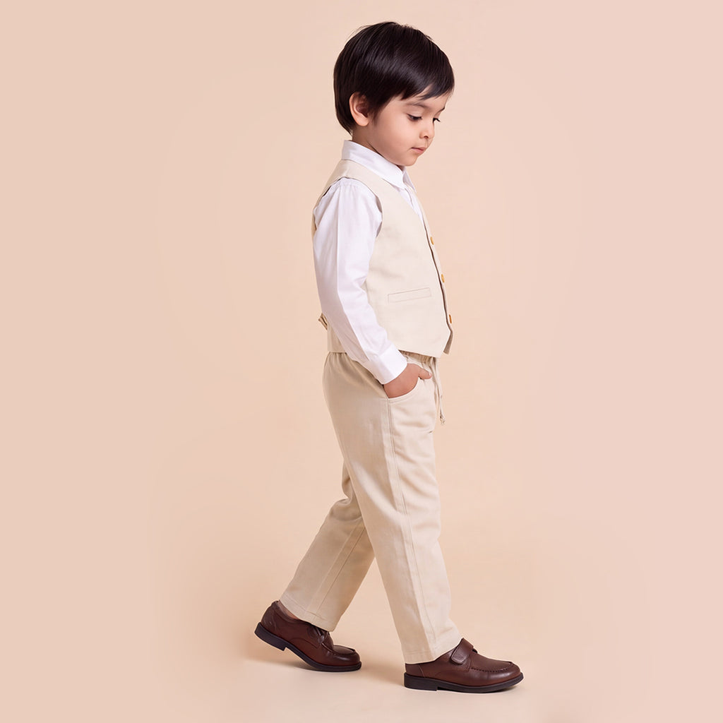 Toddler Boys Beige 3Pcs Outfit Set Shirt with Waist Coat and Pants Suit