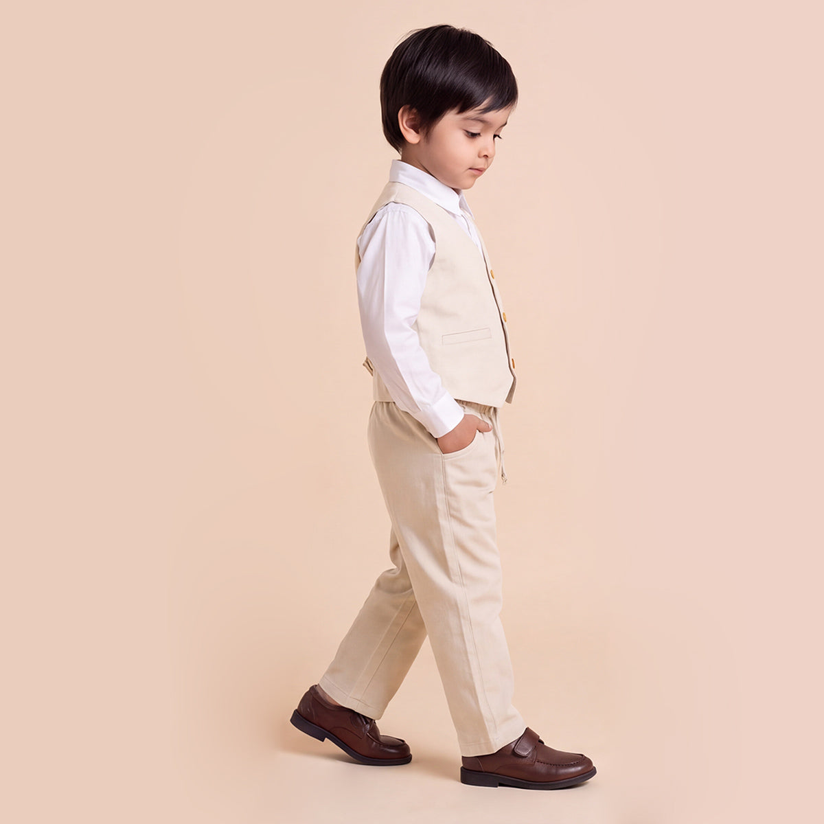 Toddler Boys Beige 3Pcs Outfit Set Shirt with Waist Coat and Pants Suit