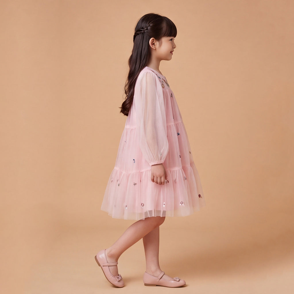 Girls Pink Long Sleeve Embroidered Layered Dress