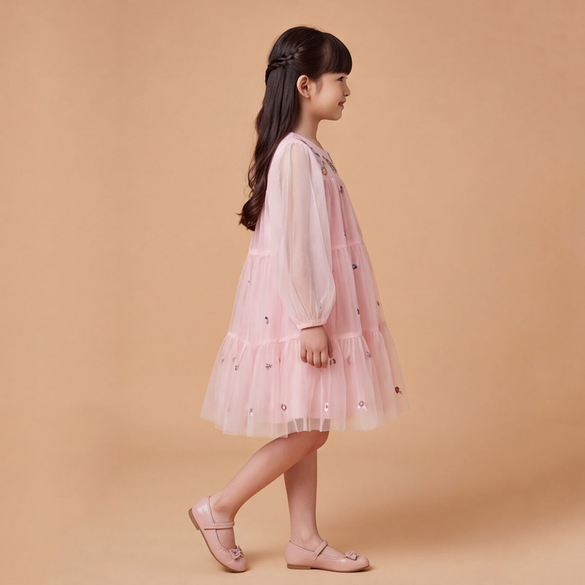 Girls Pink Long Sleeve Embroidered Layered Dress