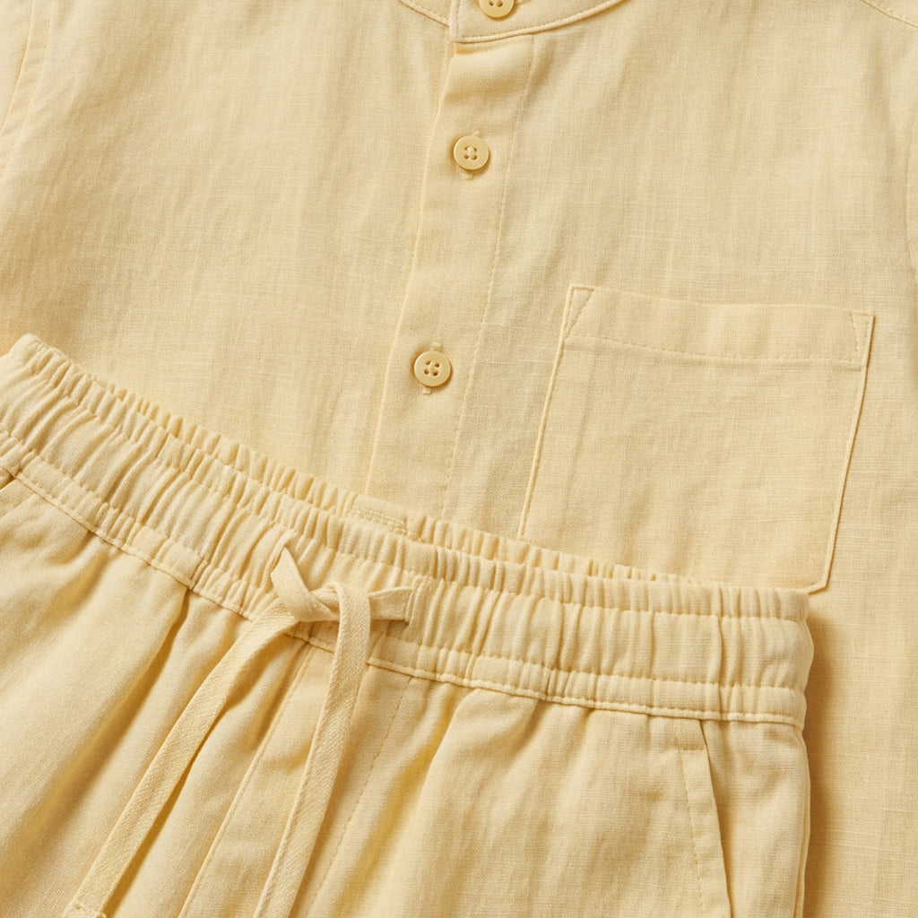 Boys Yellow Mandarin collar Shirt With Elasticated Pants Set