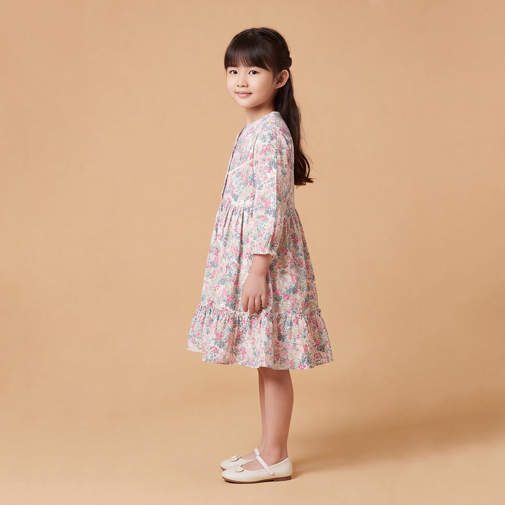 Girls Pink Floral Printed Long Sleeve Dress