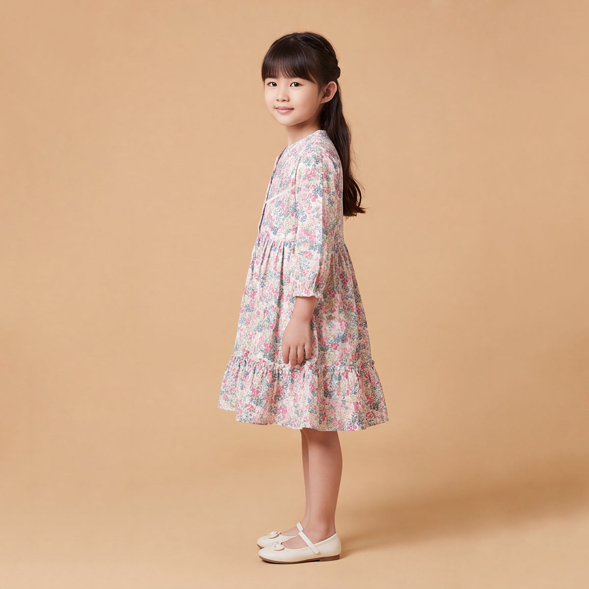 Girls Pink Floral Printed Long Sleeve Dress