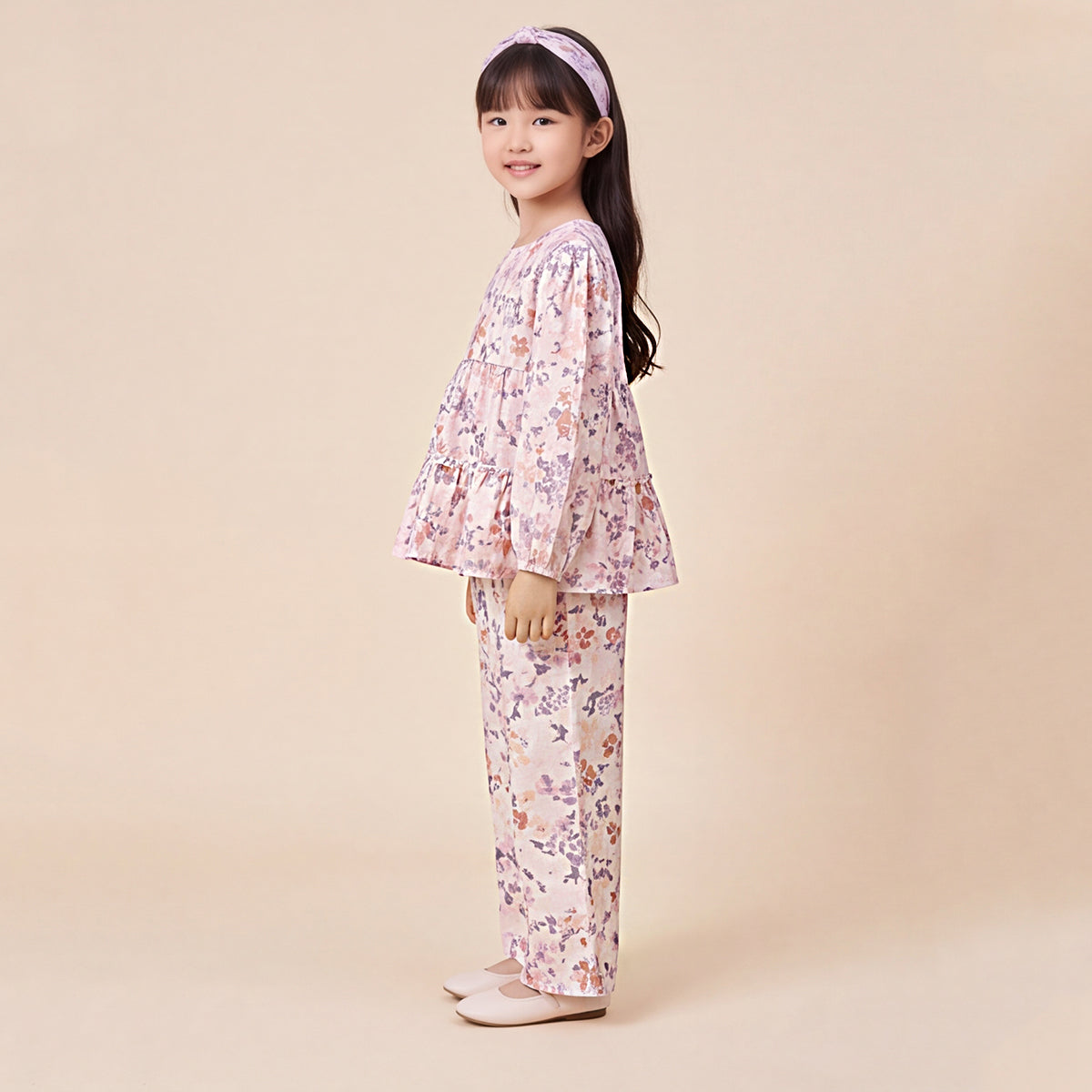 Girls Purple Printed Floral Long Sleeve Top With Elasticated Pants Sets