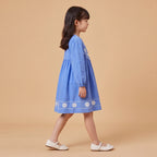 Girls Blue Embroidered Long Sleeve A-Line Dress