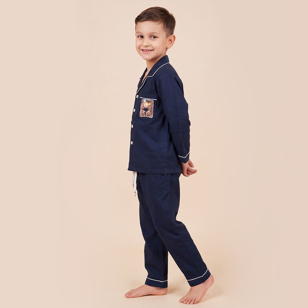 Boys Navy Pajama Set: Long Sleeve Shirt and Elasticated Pants Sleepwear