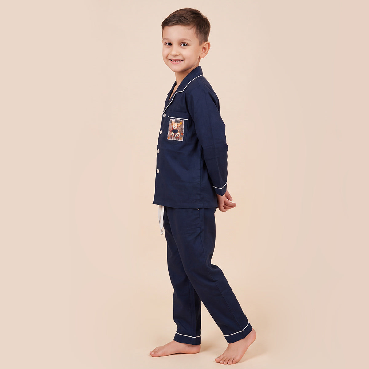 Boys Navy Pajama Set: Long Sleeve Shirt and Elasticated Pants Sleepwear
