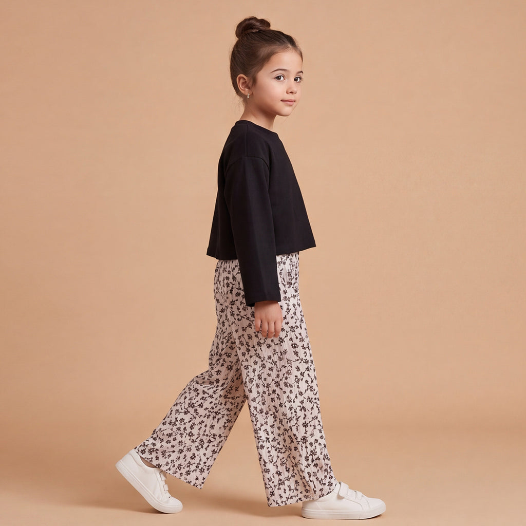Girls Black Long Sleeve Top With Ditsy Print Trousers Set