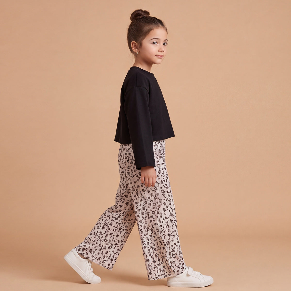 Girls Black Long Sleeve Top With Ditsy Print Trousers Set