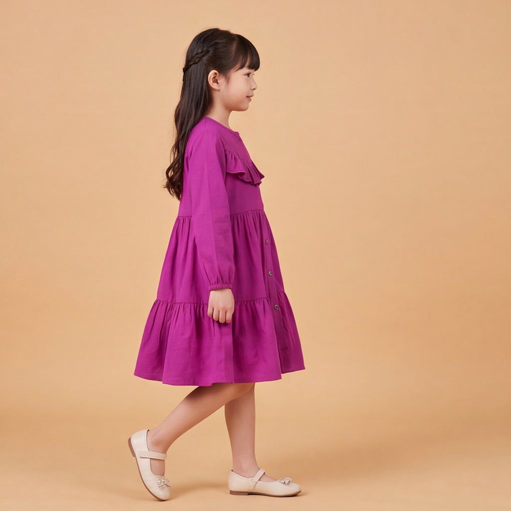 Girls Dark Pink Long Sleeve Corduroy Fit & Flare Dress