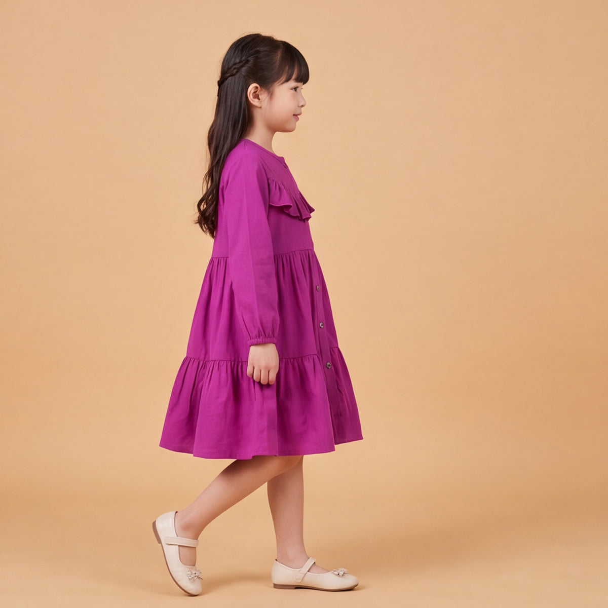 Girls Dark Pink Long Sleeve Corduroy Fit & Flare Dress