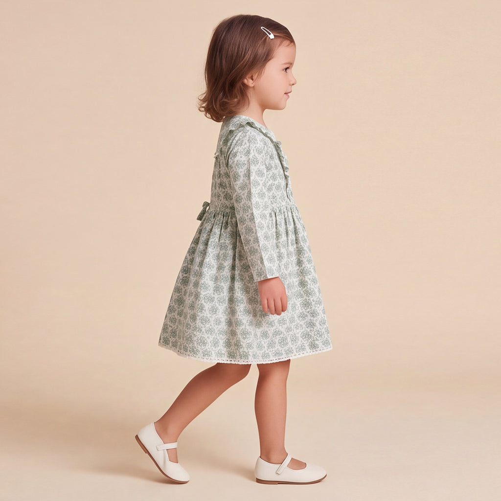 Girls Green Floral Print Long Sleeve Dress