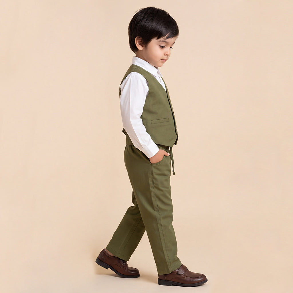 Toddler Boys Green 3Pcs Outfit Set Shirt with Waist Coat and Pants Suit