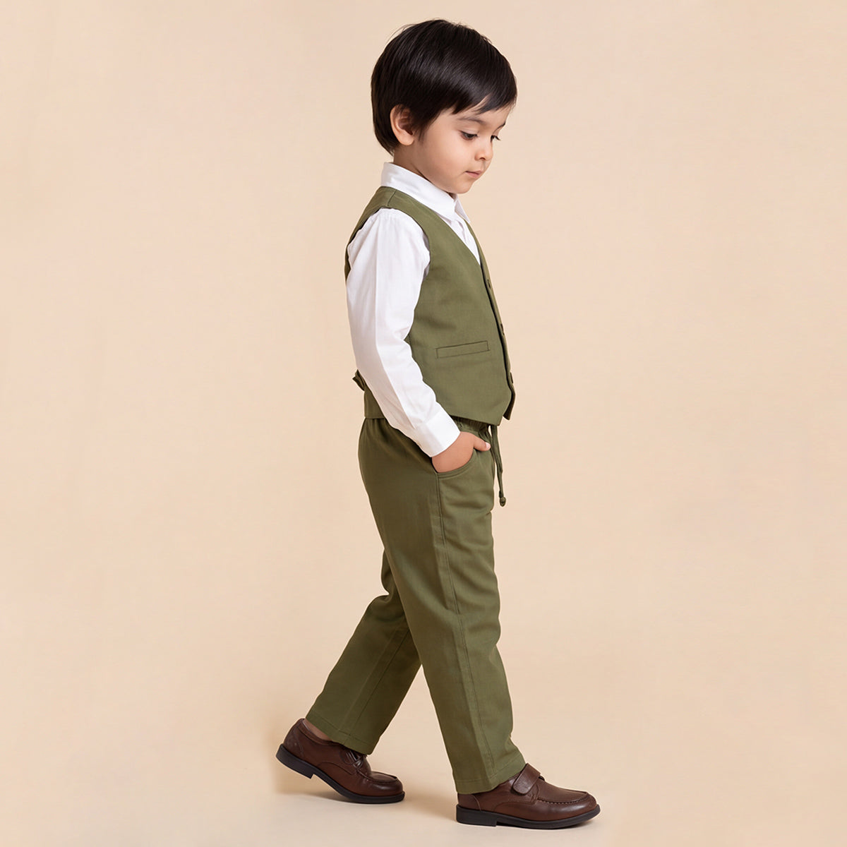 Toddler Boys Green 3Pcs Outfit Set Shirt with Waist Coat and Pants Suit