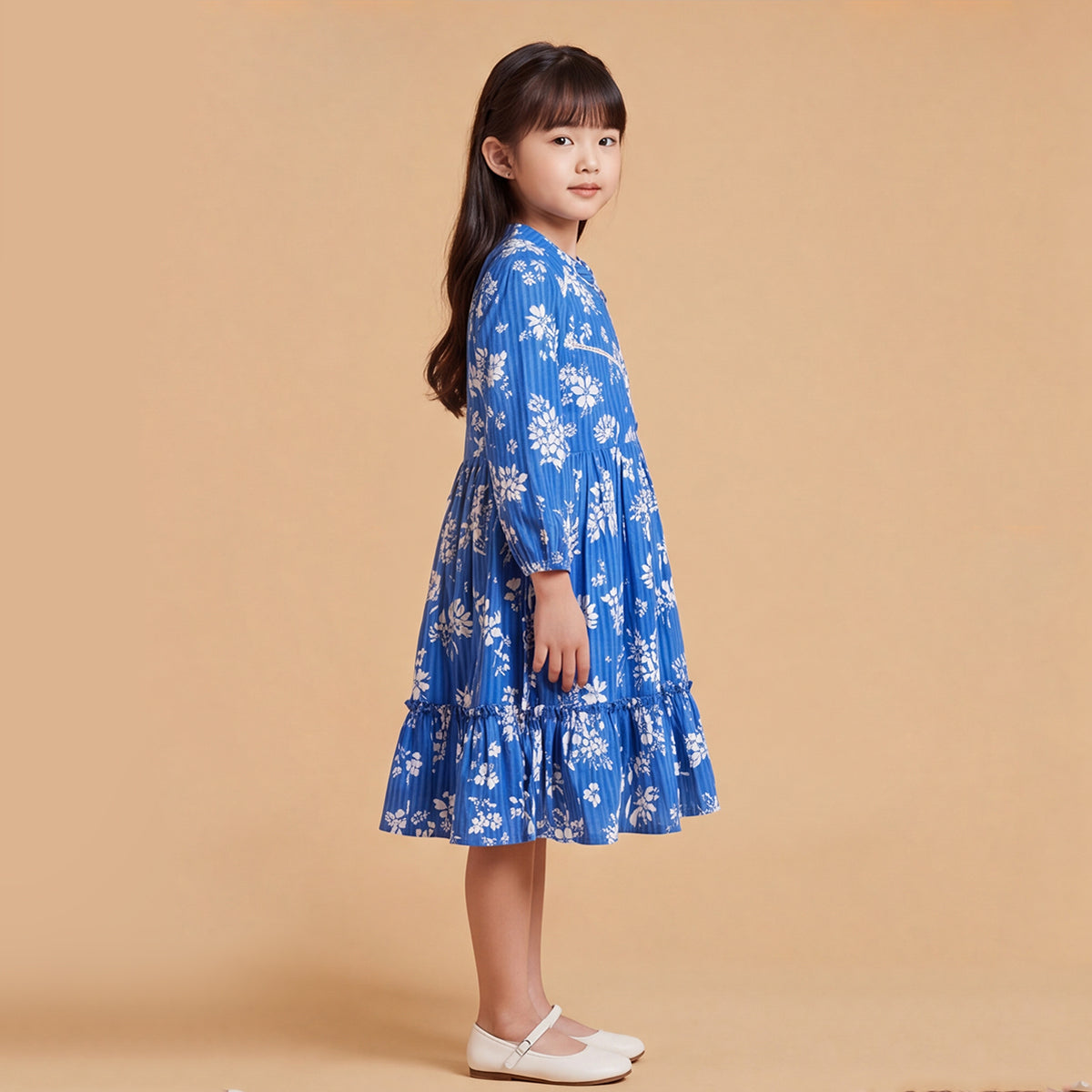 Girls Blue Floral Printed Long Sleeve Dress