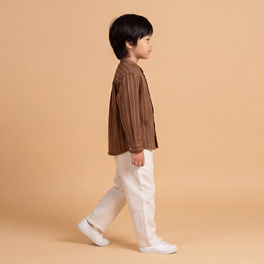 Boys Brown Long Sleeve Stripes Shirt With Elasticated Trousers Set