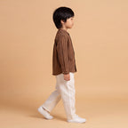 Boys Brown Long Sleeve Stripes Shirt With Elasticated Trousers Set