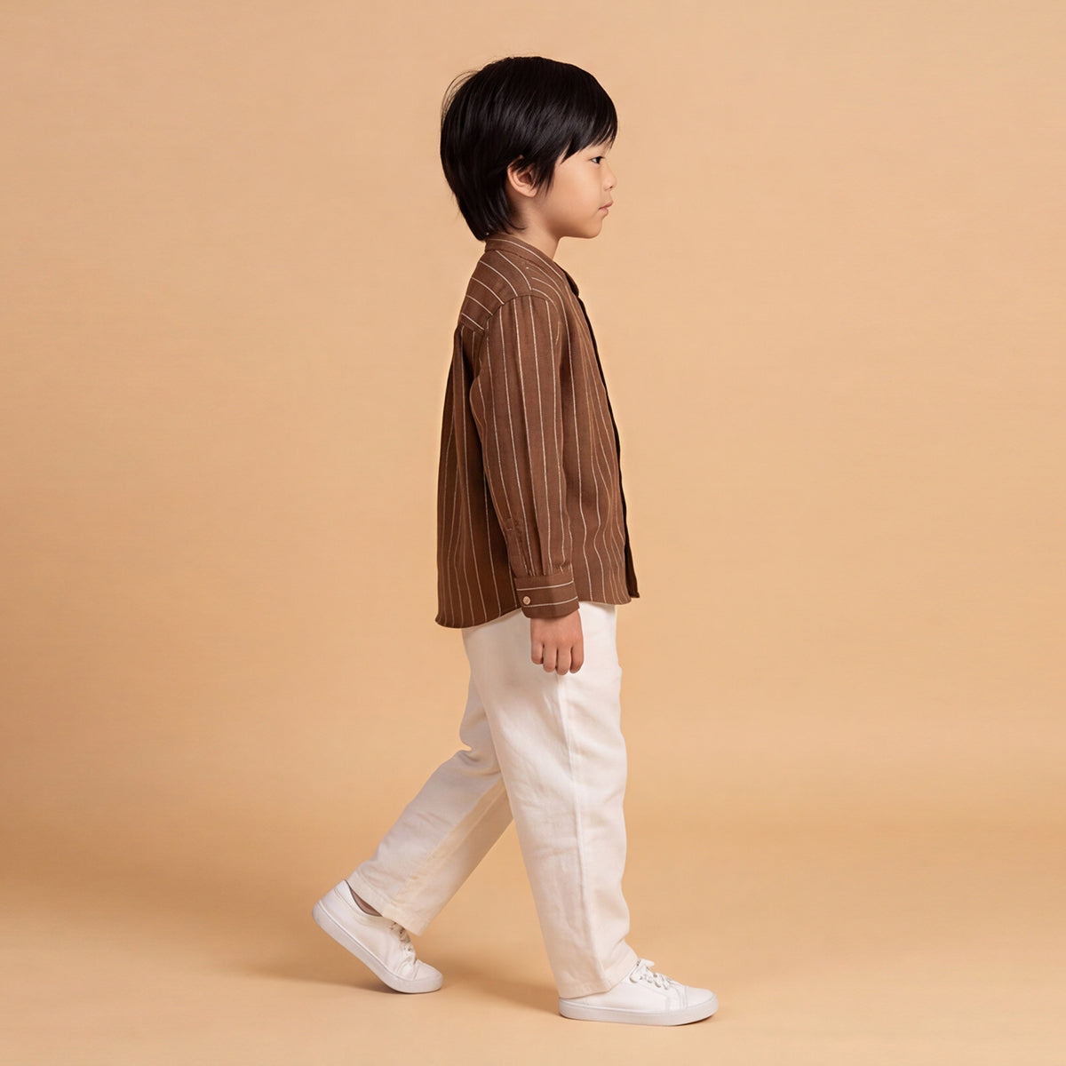 Boys Brown Long Sleeve Stripes Shirt With Elasticated Trousers Set