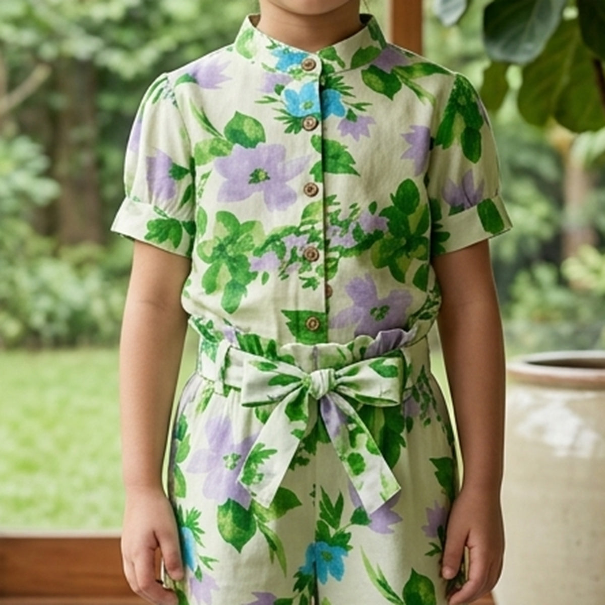 Girls Green Flower Printed Button-Down Mercerized Cotton Co-Ord Set