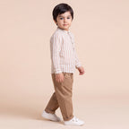 Boys Brown Mandarin Collar Striped Shirt & Elasticated Trouser Set