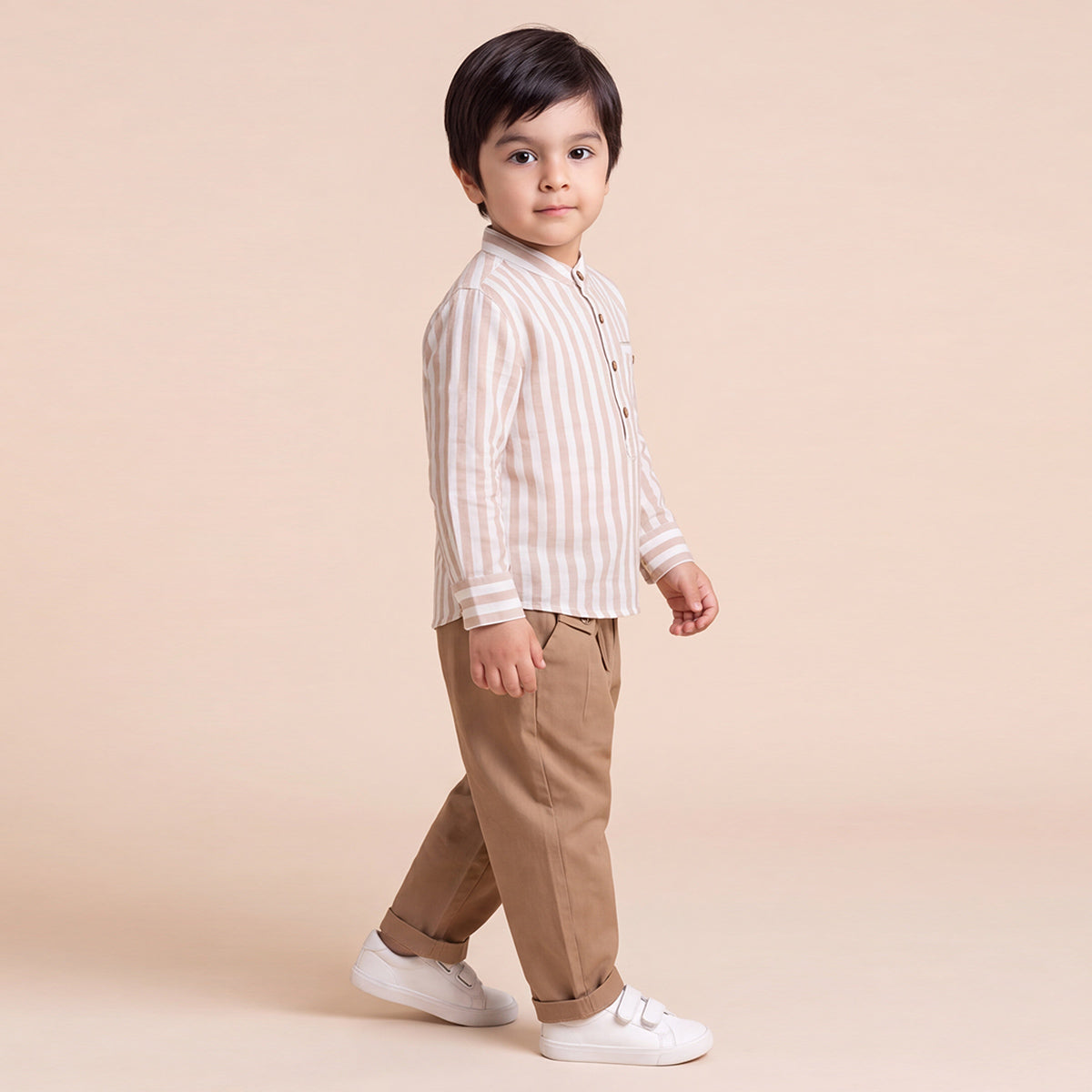 Boys Brown Mandarin Collar Striped Shirt & Elasticated Trouser Set