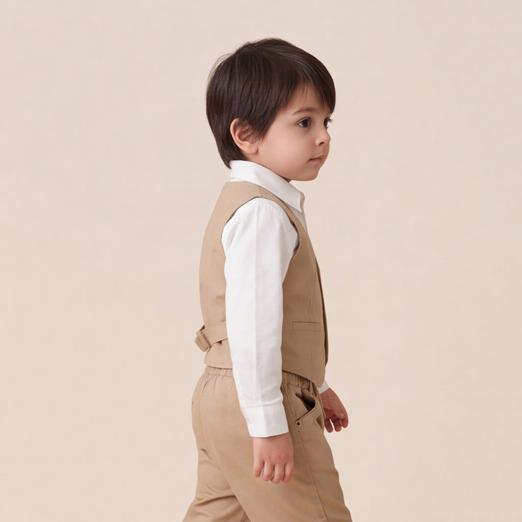 Toddler Boys Khaki 3Pcs Outfit Set Shirt with Waist Coat and Pants Suit