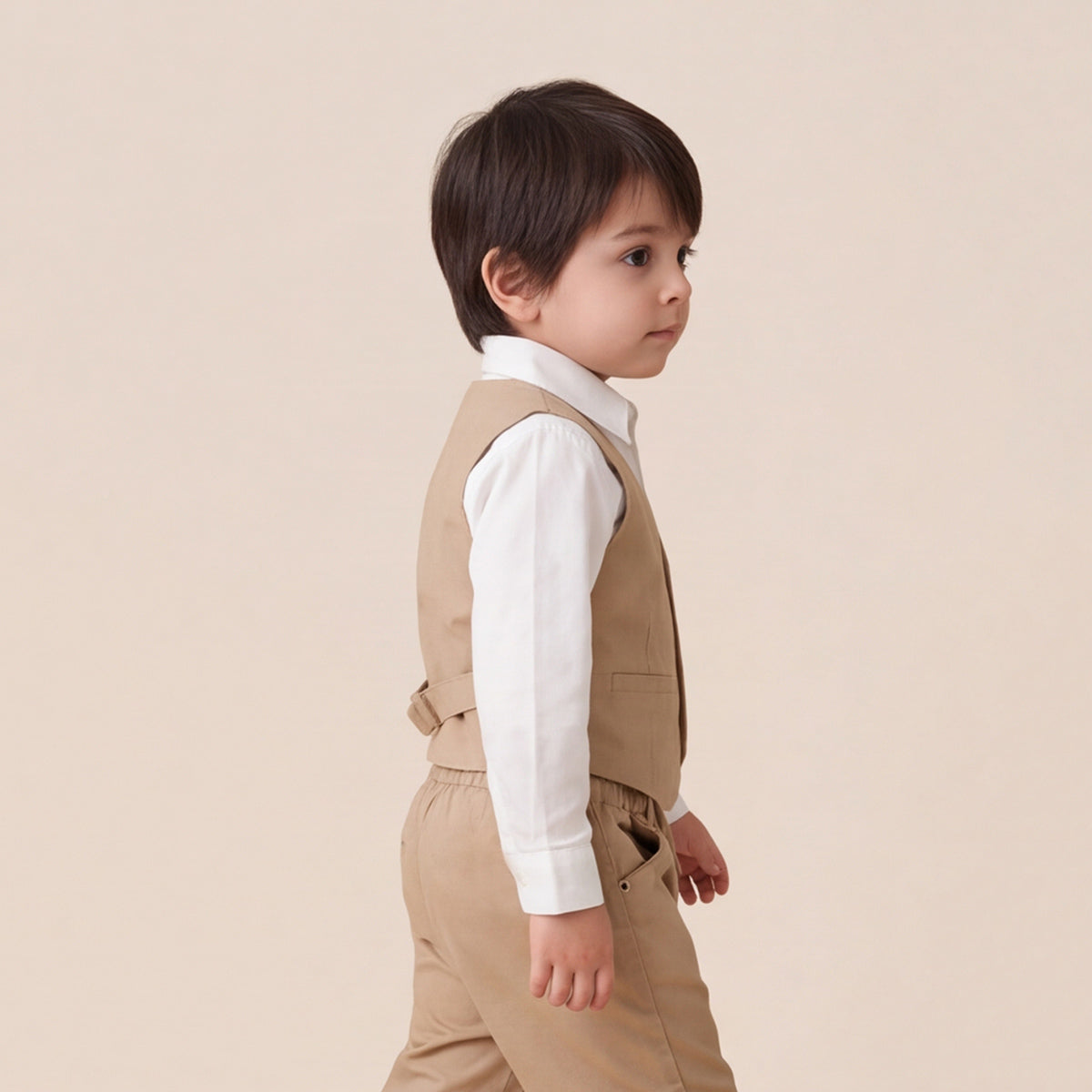 Toddler Boys Khaki 3Pcs Outfit Set Shirt with Waist Coat and Pants Suit