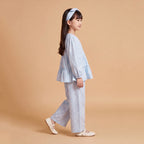 Girls Light Blue Printed Long Sleeve Top With Elasticated Pants Sets