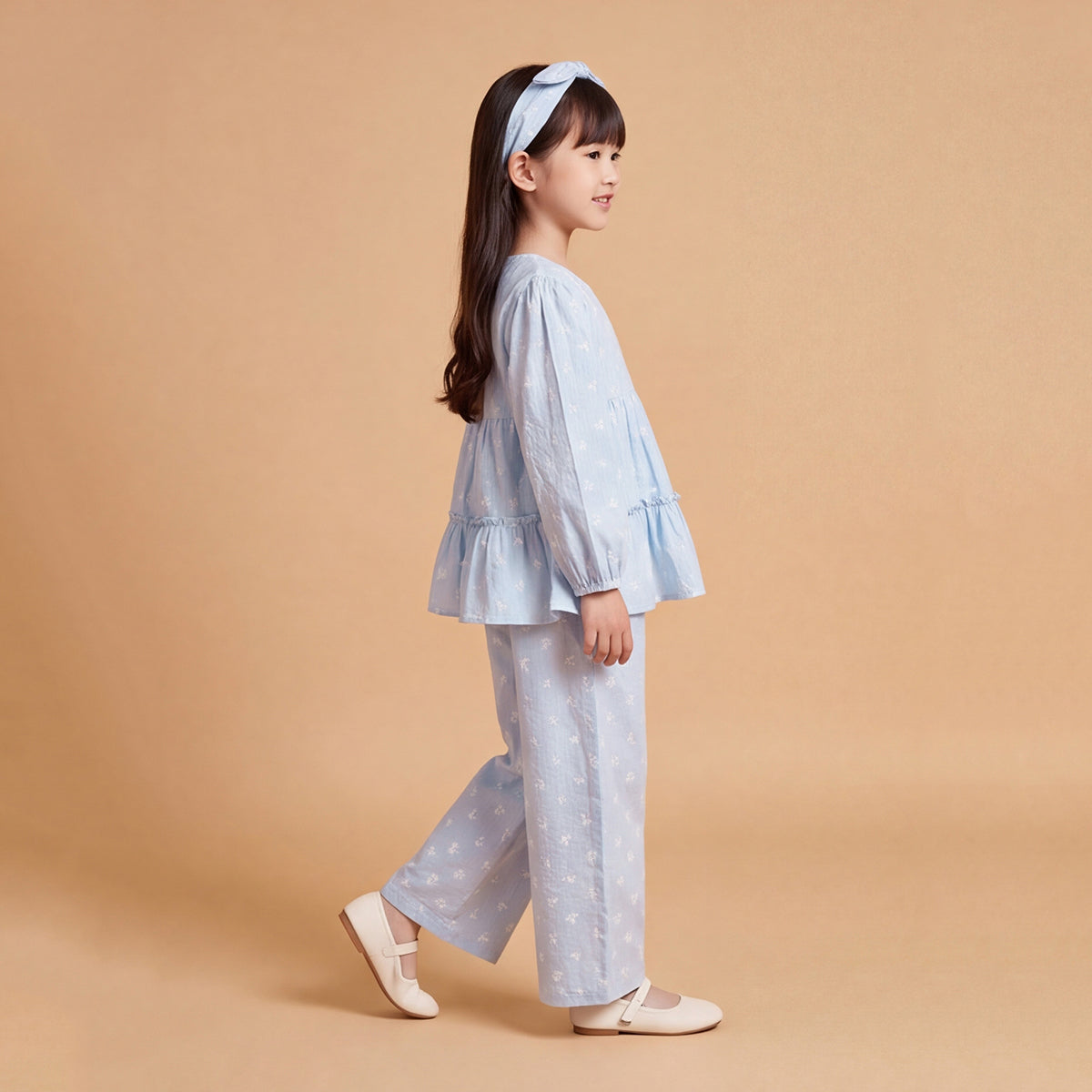 Girls Light Blue Printed Long Sleeve Top With Elasticated Pants Sets