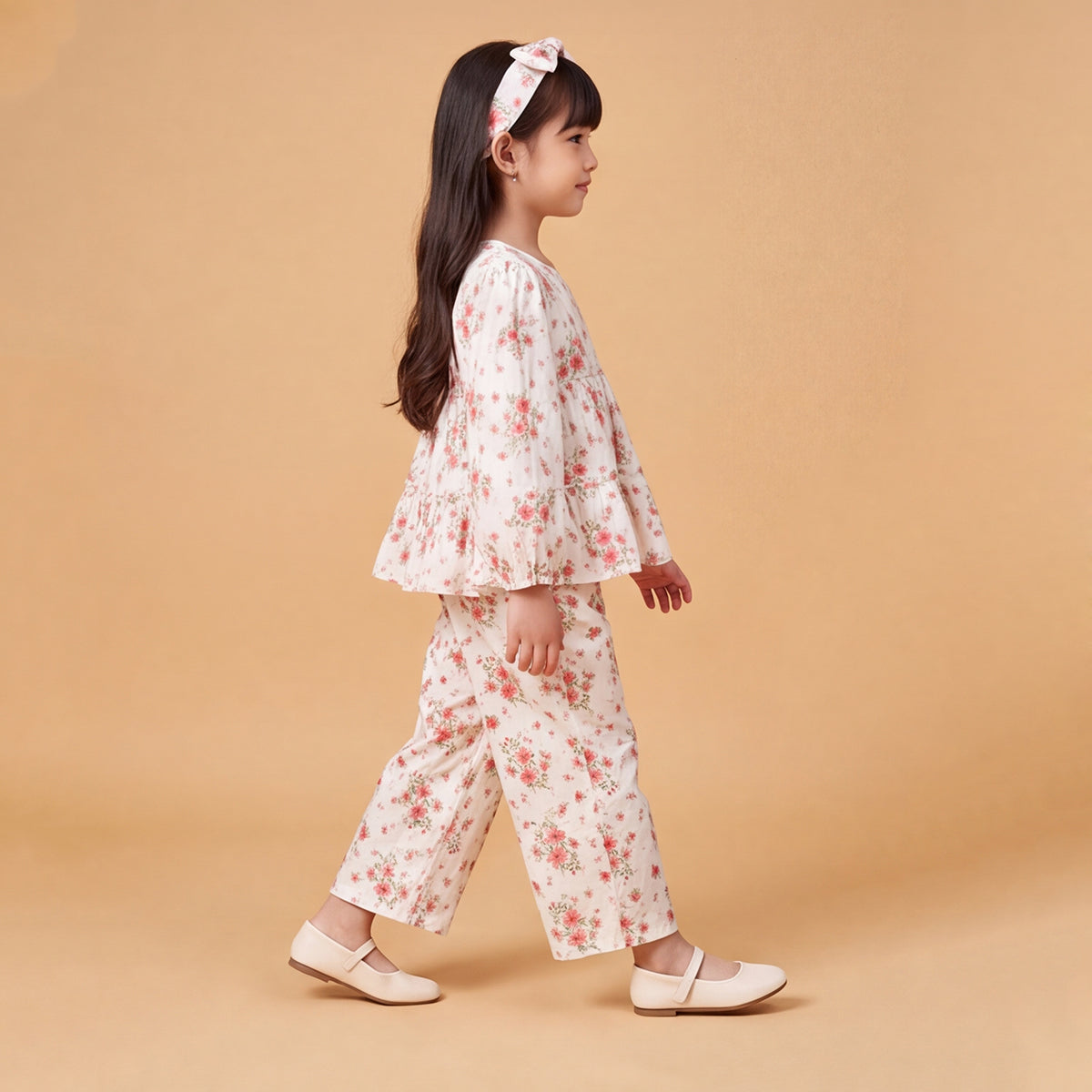 Girls White Printed Floral Long Sleeve Top With Elasticated Pants & Headband Sets