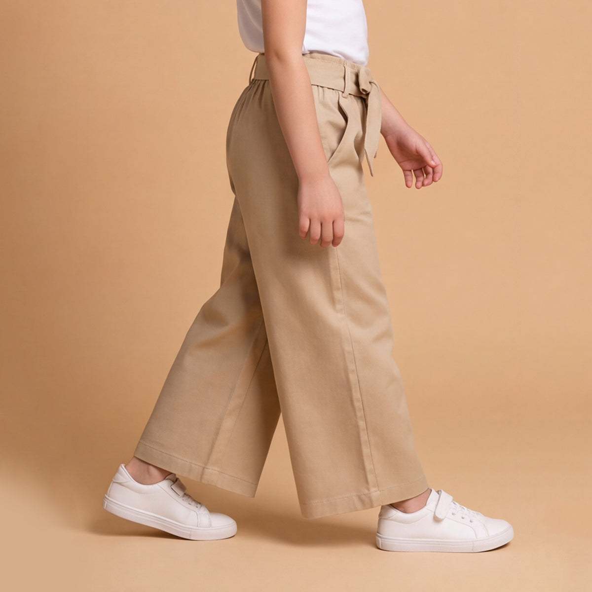 Girls Khaki Elasticated Trouser With Fabric Belt