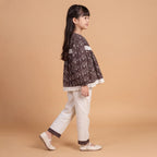Girls Brown Printed Long Sleeve Top With Pants Sets