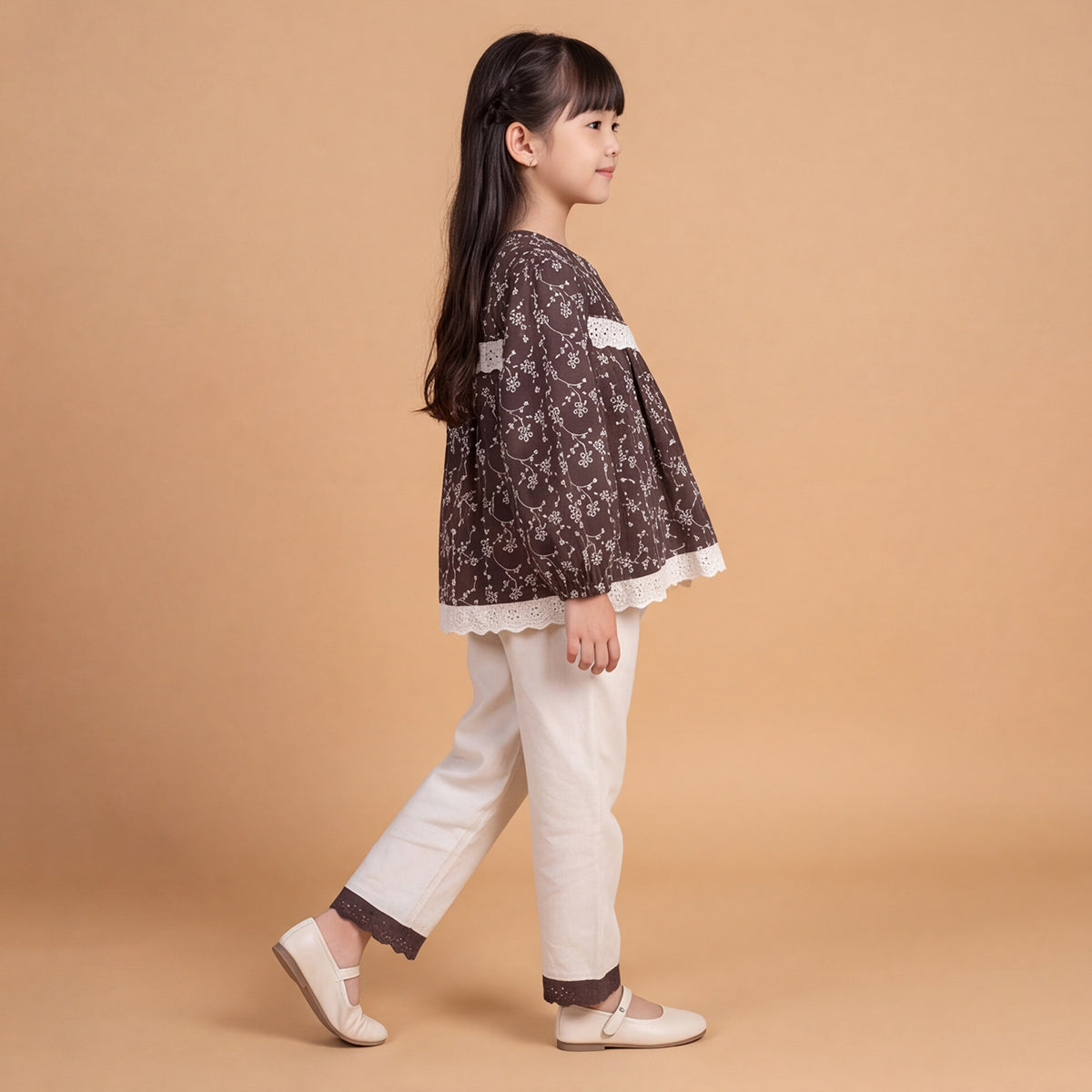 Girls Brown Printed Long Sleeve Top With Pants Sets
