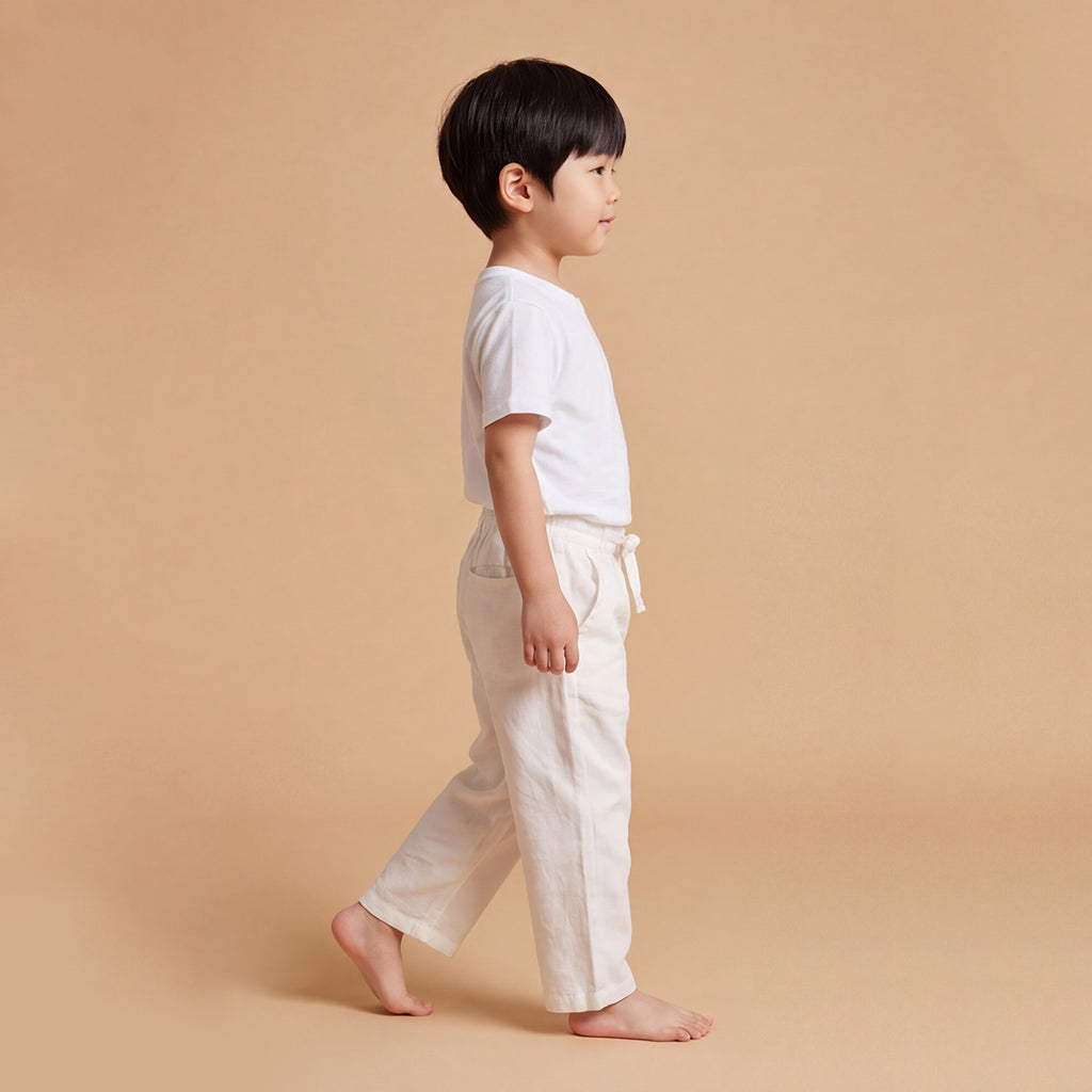 Boys White Elasticated Trousers With Drawcord
