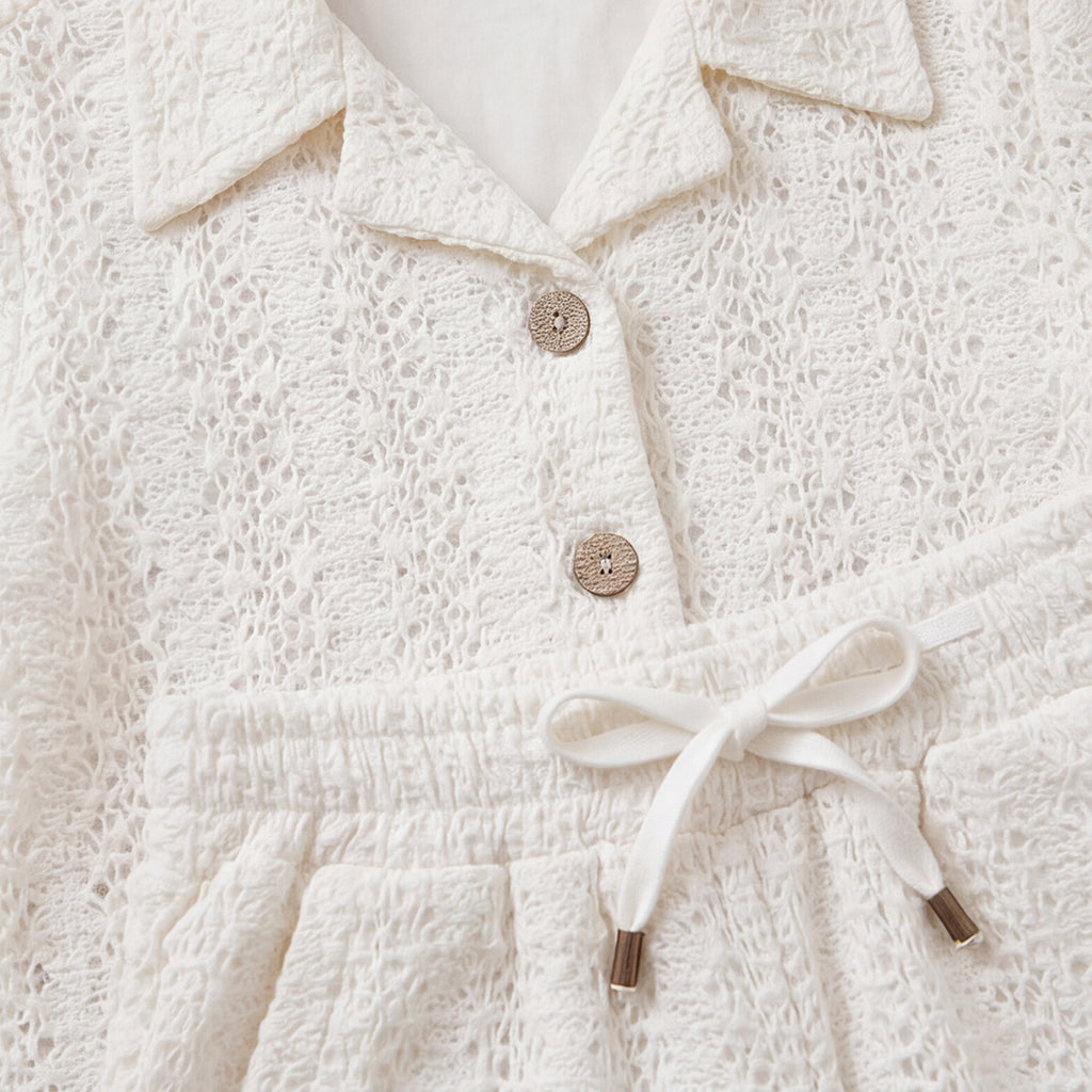 Girls White Textured Long Sleeve Shirt With Elasticated Trousers Set