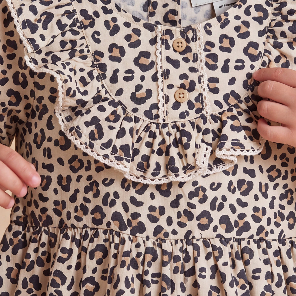 Girls White Animal Print Long Sleeve Dress