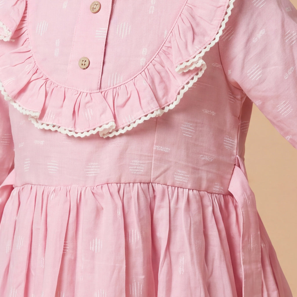 Girls Pink Printed Long Sleeve Dress